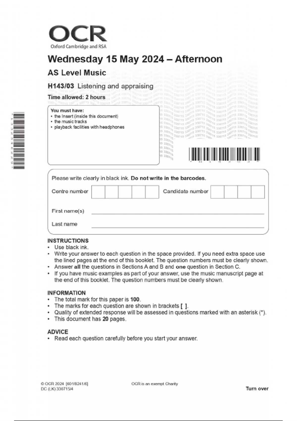 OCR 2024 AS Level Music H143/03 Listening and appraising Question Paper