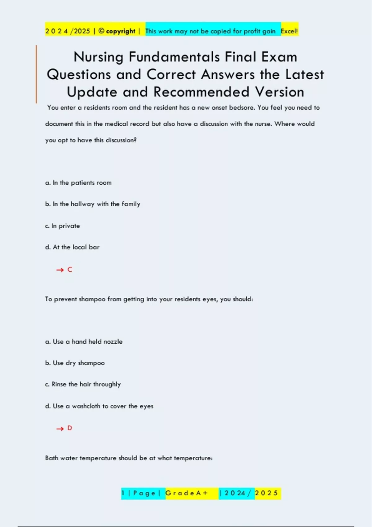 Nursing Fundamentals Final Exam Questions and Correct Answers the ...