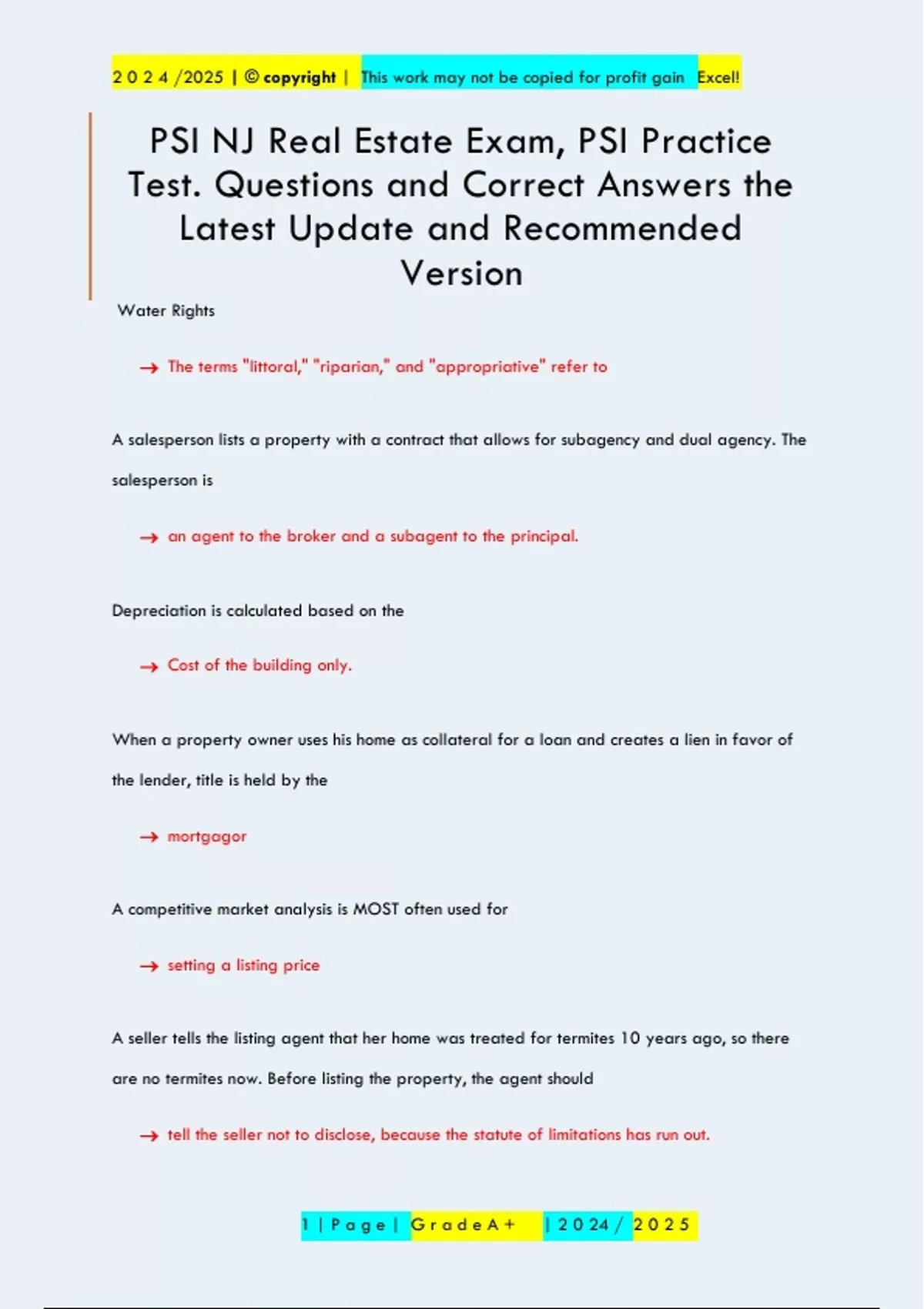 PSI NJ Real Estate Exam, PSI Practice Test. Questions and Correct