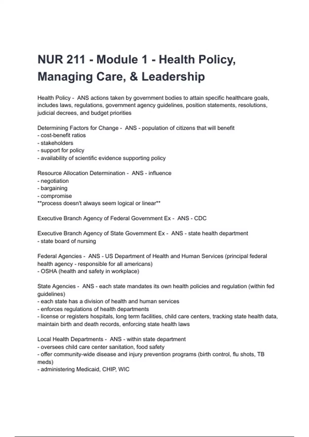 NUR 211 - Module 1 - Health Policy, Managing Care, & Leadership Exam ...