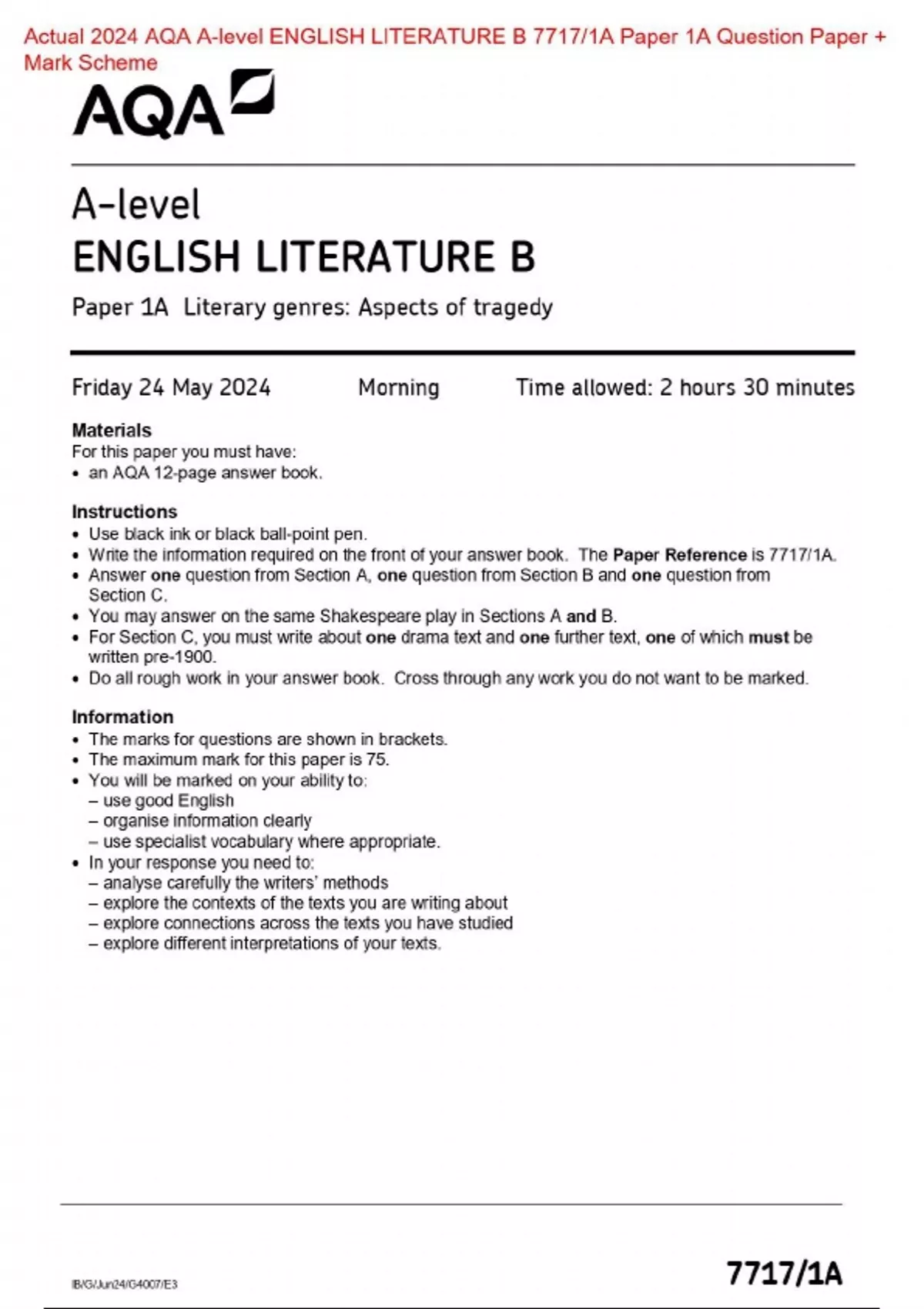 . Actual 2024 AQA A-level ENGLISH LITERATURE B 7717/1A Paper 1A ...
