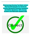 Pharmacology Nursing Test Bank Lehnes Pharmacotherapeutics for Advanced  Practice Nursesand Physician Assistants  2nd Edition Questions&comma; 100&percnt; Correct  Answers and Rationales Updated 2023