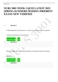 NURS 3001 WEEK 1 QUIZ LATEST 2023  SPRING-SUMMERS SESSION (PRIORITY  EXAM) NEW VERIFIED