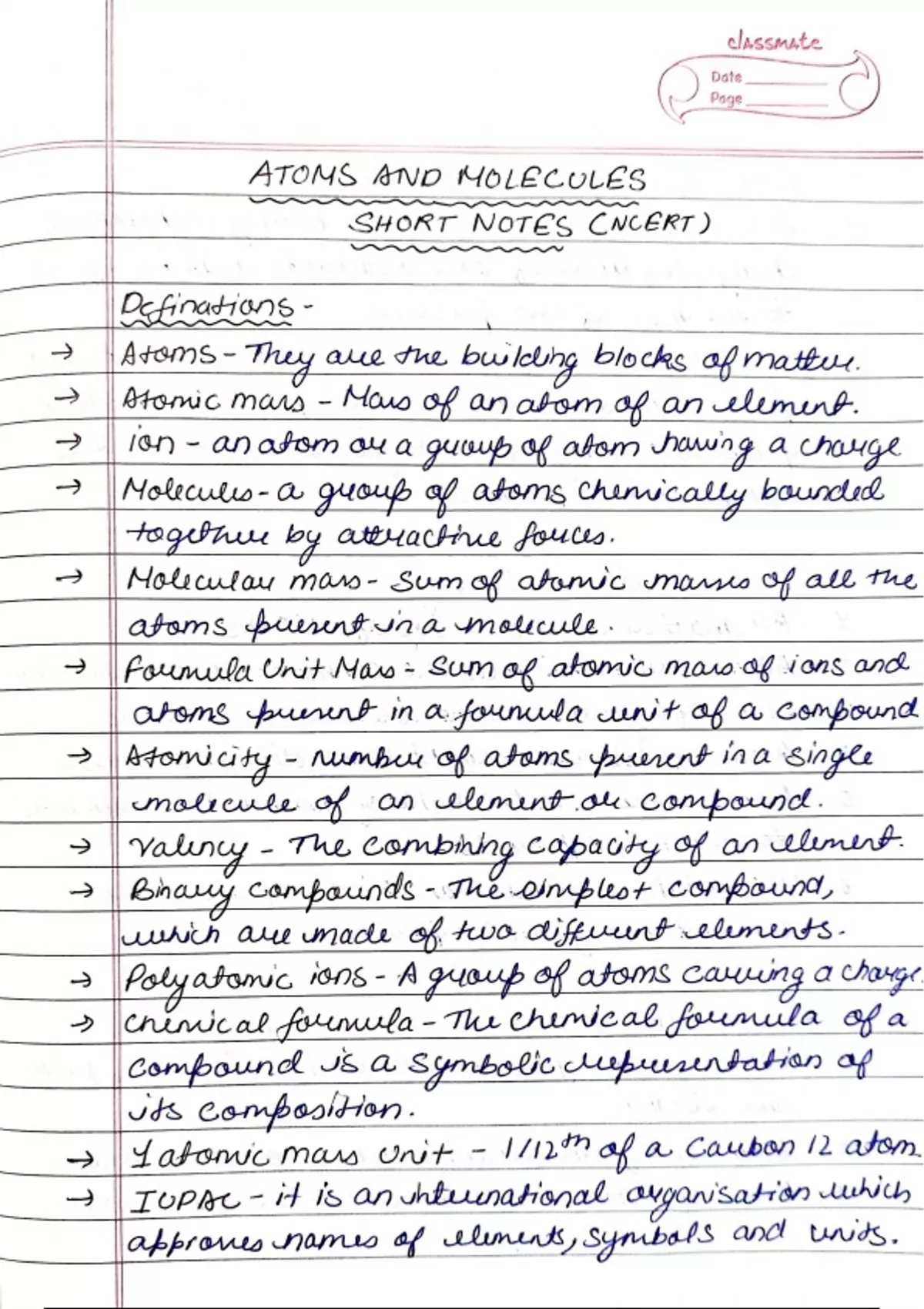 Summary Atoms and molecules class 9 chapter 3, Ncert, cbse, short notes ...