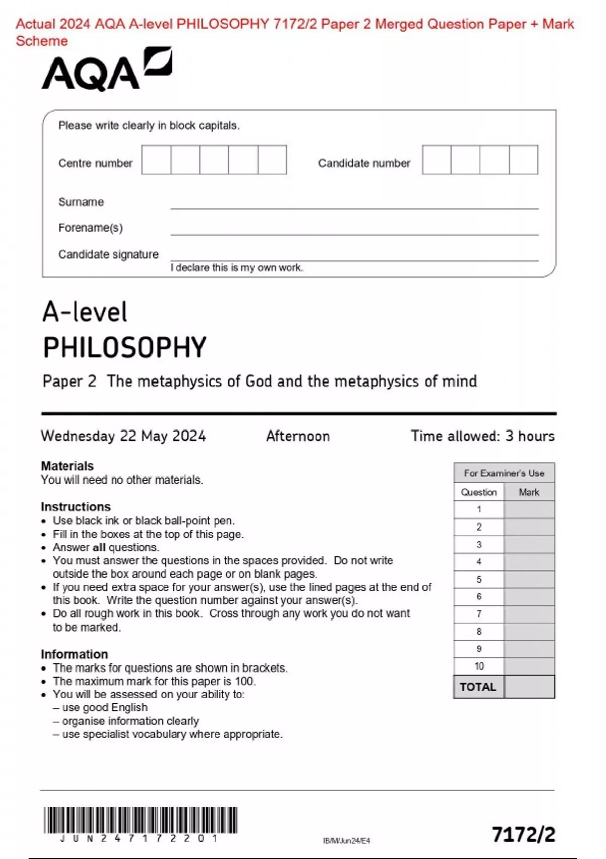 2024 AQA A level PHILOSOPHY 7172 2 Paper 2 Question Paper MarkScheme 