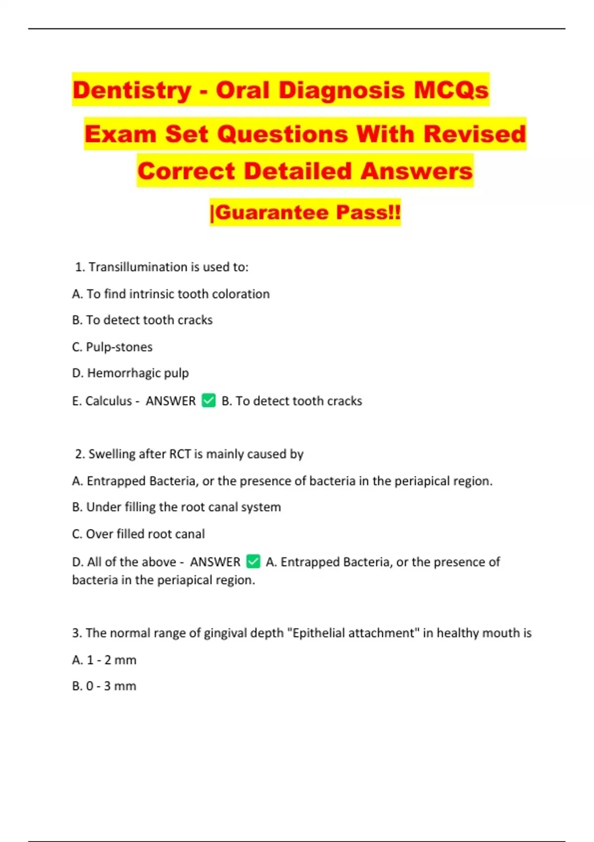 Tooth Questions Dentistry - Tooth restoration Exam Set Questions With Revised Correct ...