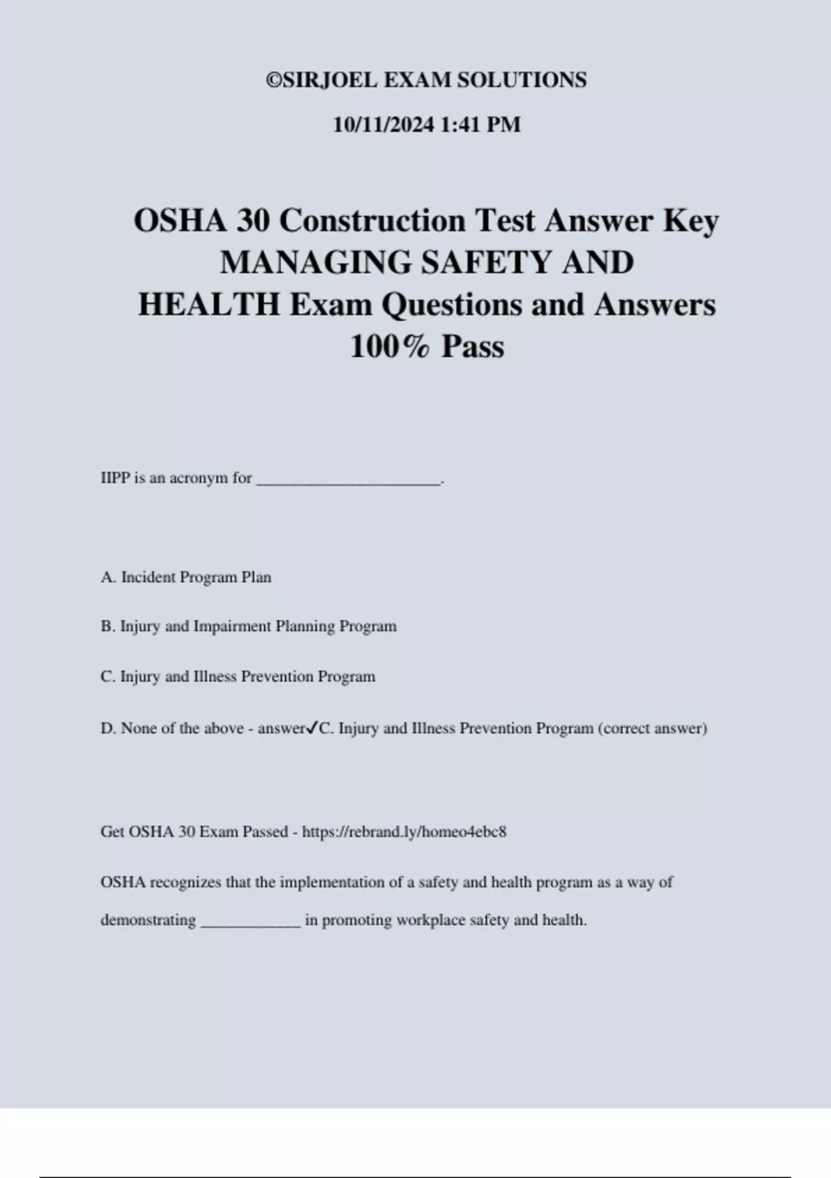OSHA 30 Construction Test Answer Key MANAGING SAFETY AND HEALTH Exam