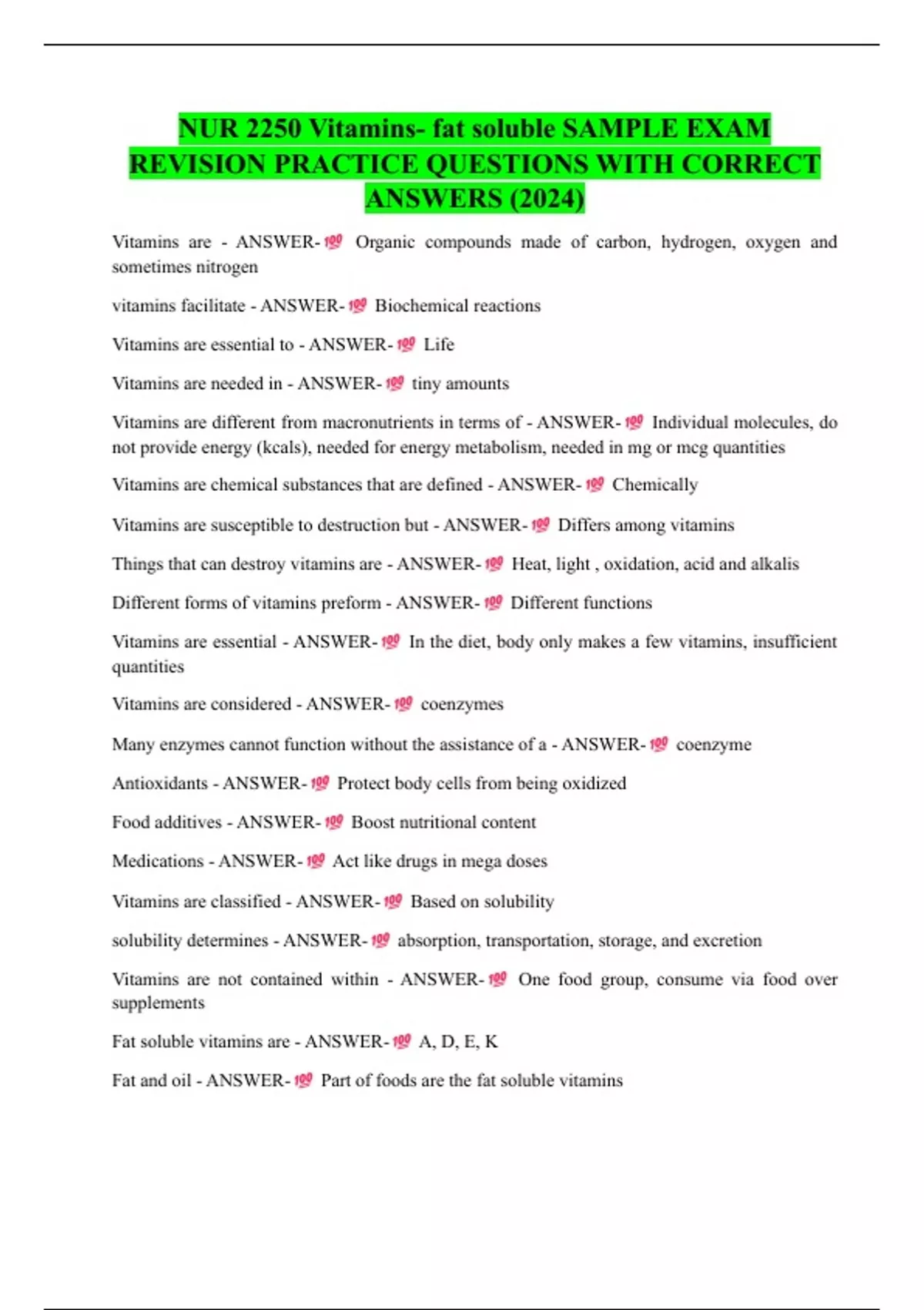 Vit Python Fat Question NUR 2250 Vitamins- fat soluble SAMPLE EXAM REVISION PRACTICE QUESTIONS ...
