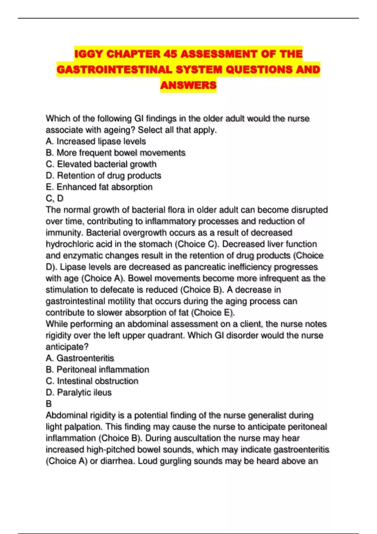 Gi Questions IGGY CHAPTER 45 ASSESSMENT OF THE GASTROINTESTINAL SYSTEM QUESTIONS AND ...