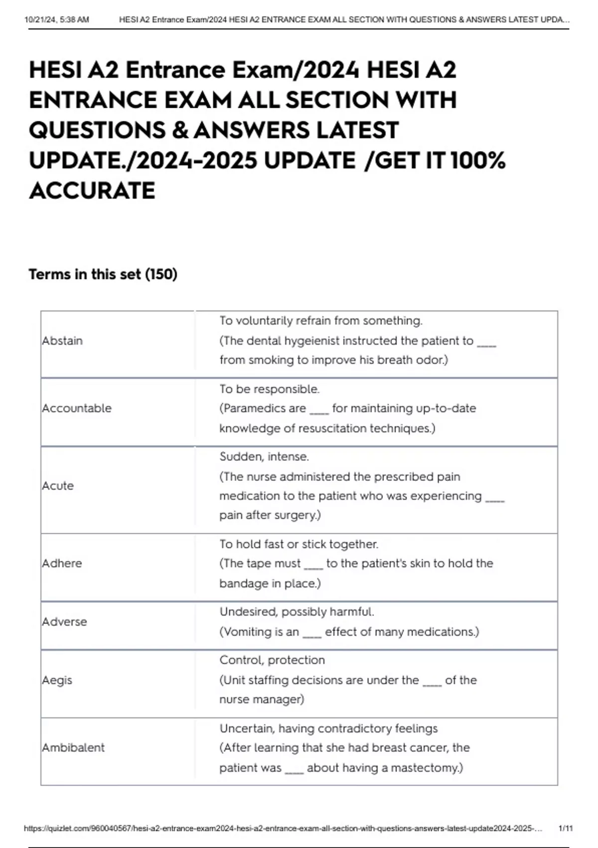 HESI A2 Entrance Exam/2024 HESI A2 ENTRANCE EXAM ALL SECTION WITH ...