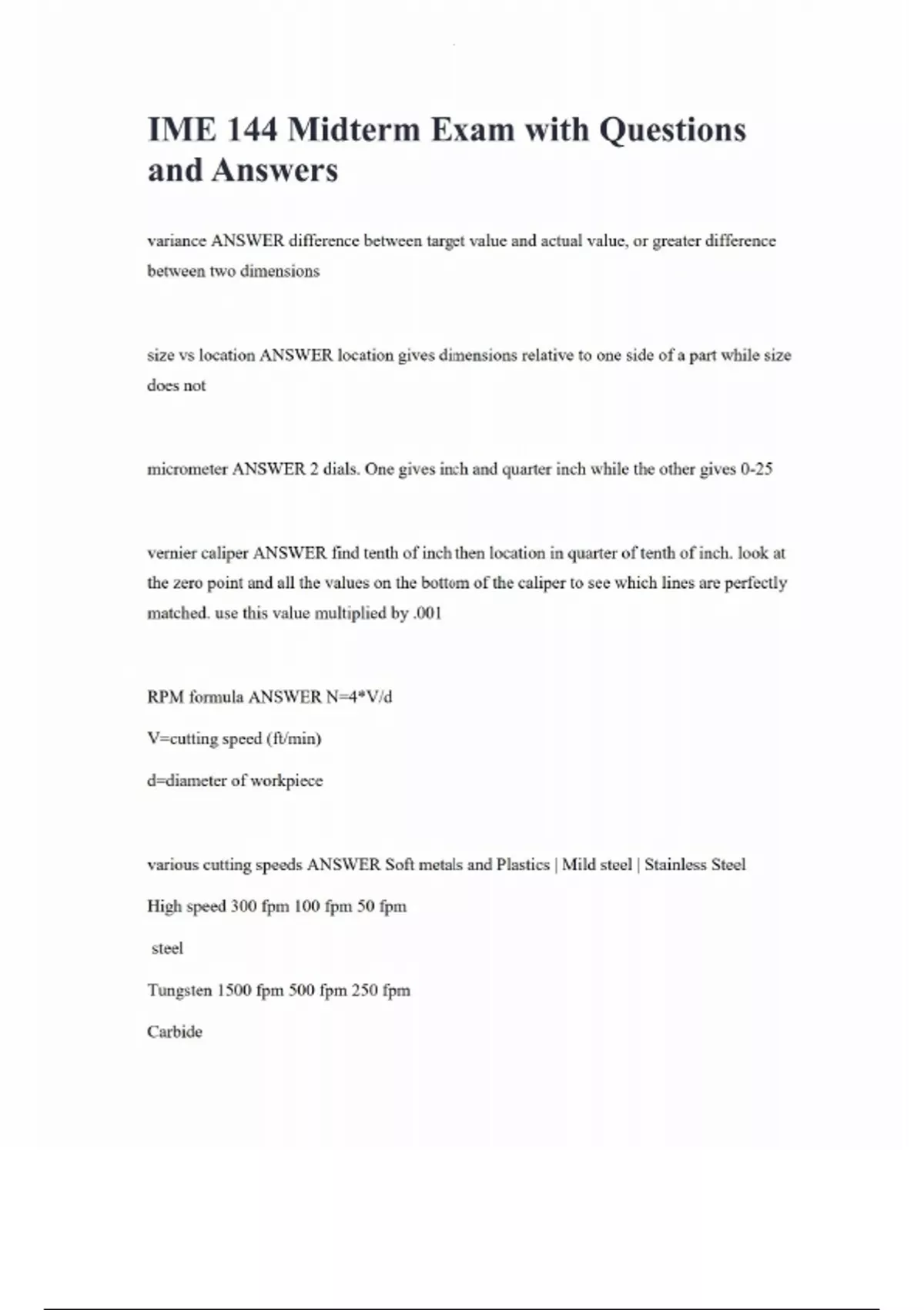 IME 144 Midterm Exam with Questions and Answers - IME 144 - Stuvia US