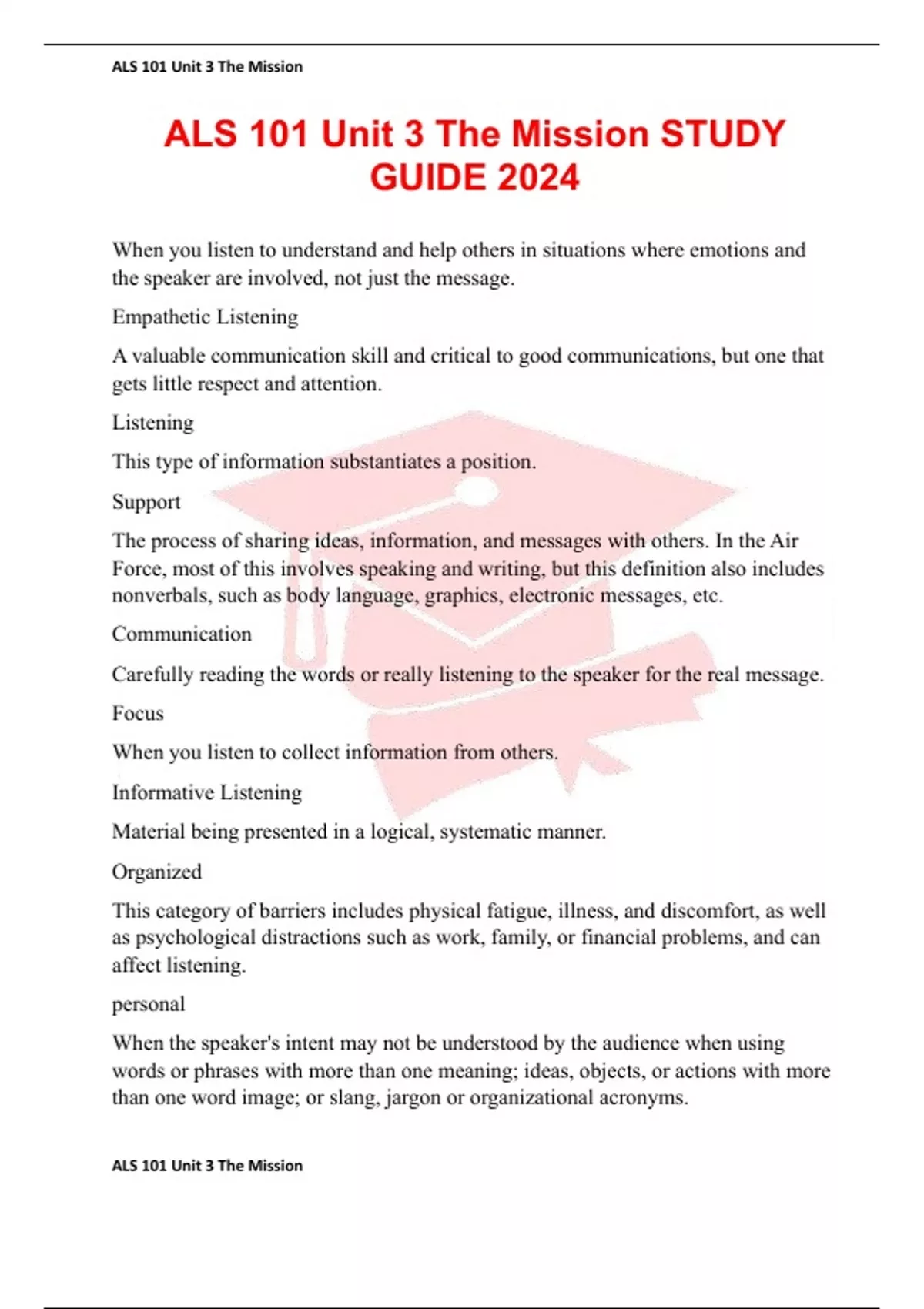 ALS 101 Unit 3 The Mission STUDY GUIDE 2024 - ALS 101 - Stuvia US