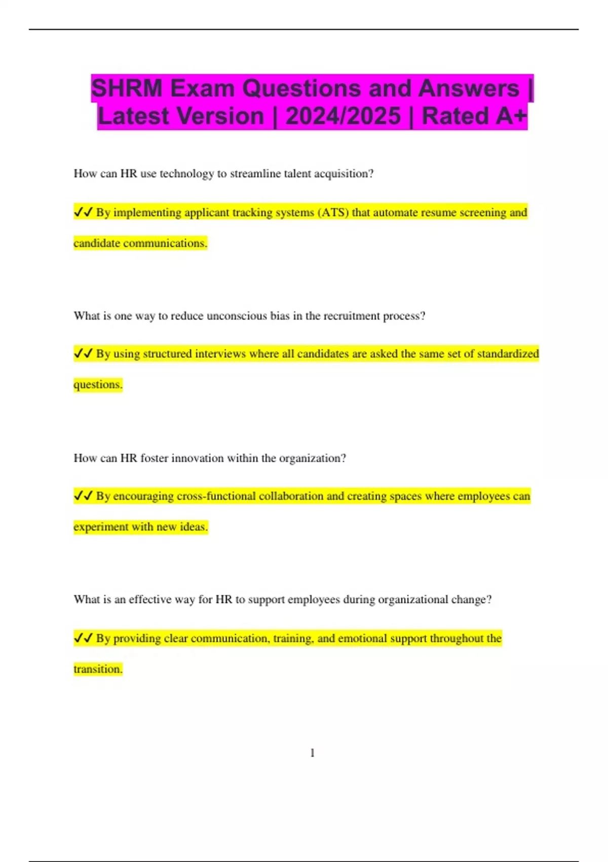 SHRM Exam Questions and Answers Latest Version 2024/2025 Rated A+