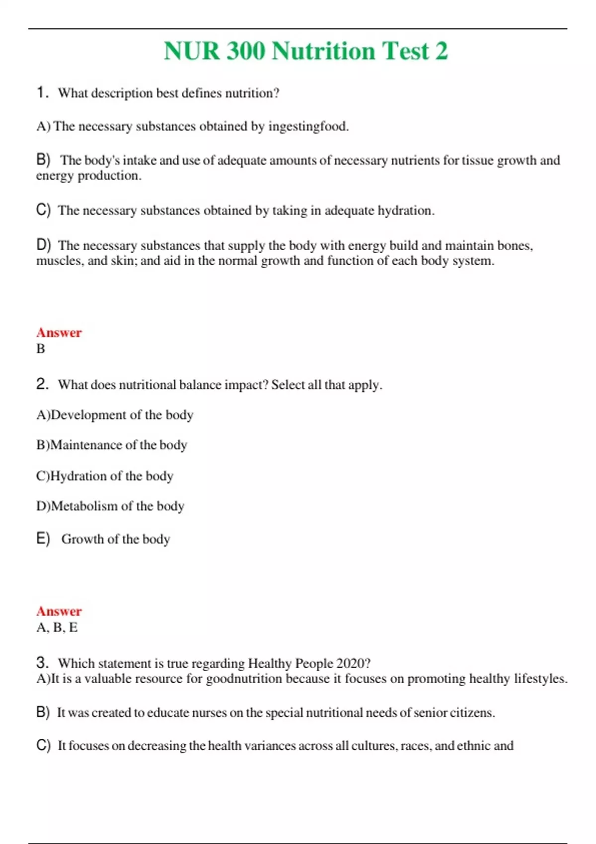 NUR 300 ( LATEST 2024 / 2025 ) NUTRITION TEST 2 | QUESTIONS & ANSWERS ...