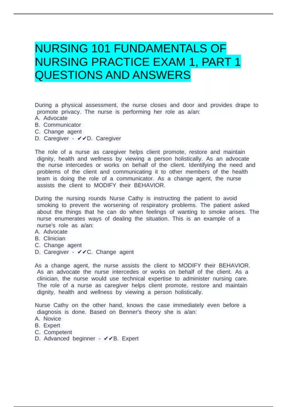 NURSING 101 FUNDAMENTALS OF NURSING PRACTICE EXAM 1, PART 1 QUESTIONS ...