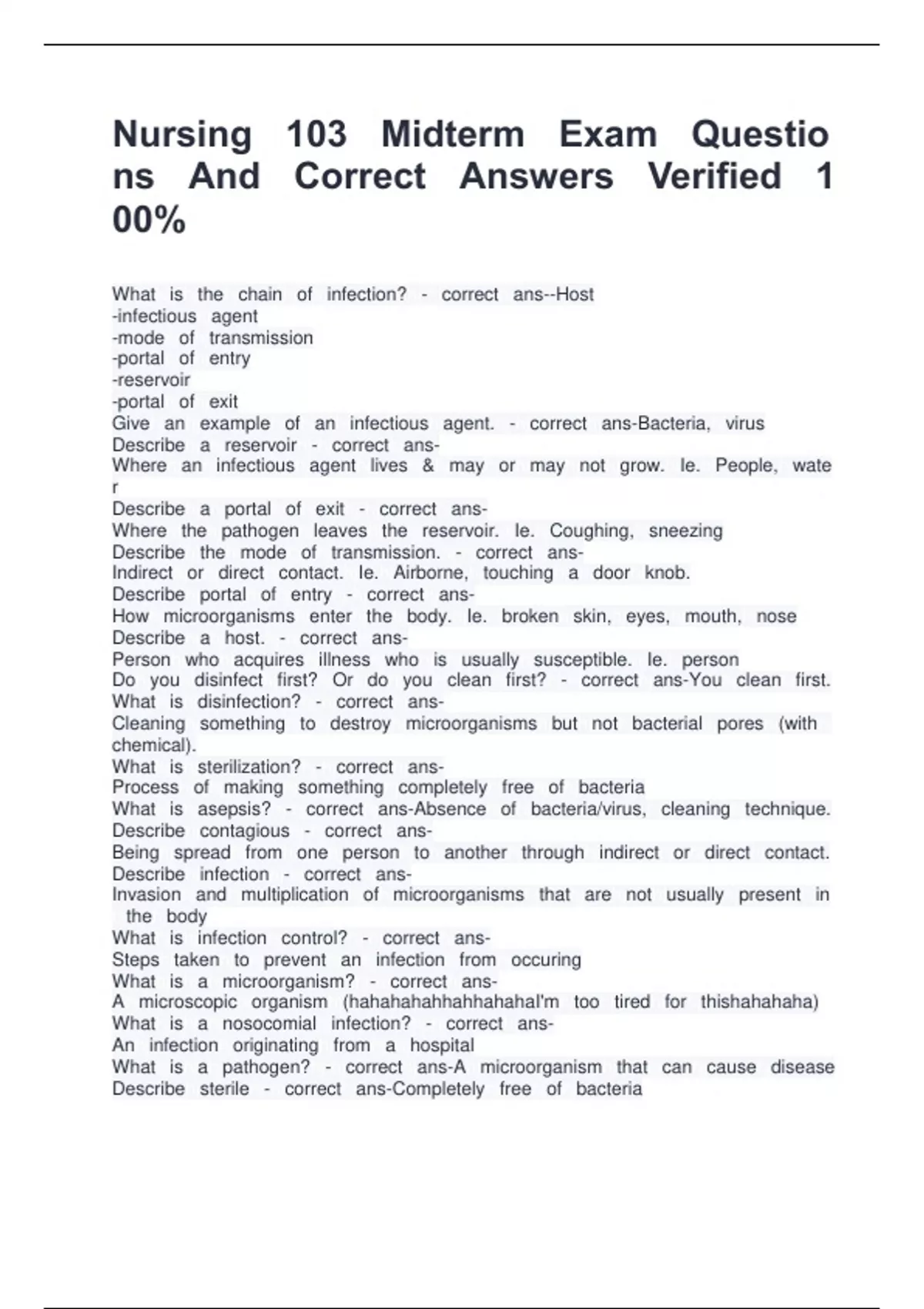 Nursing 103 Midterm Exam Questions And Correct Answers Verified 100% ...