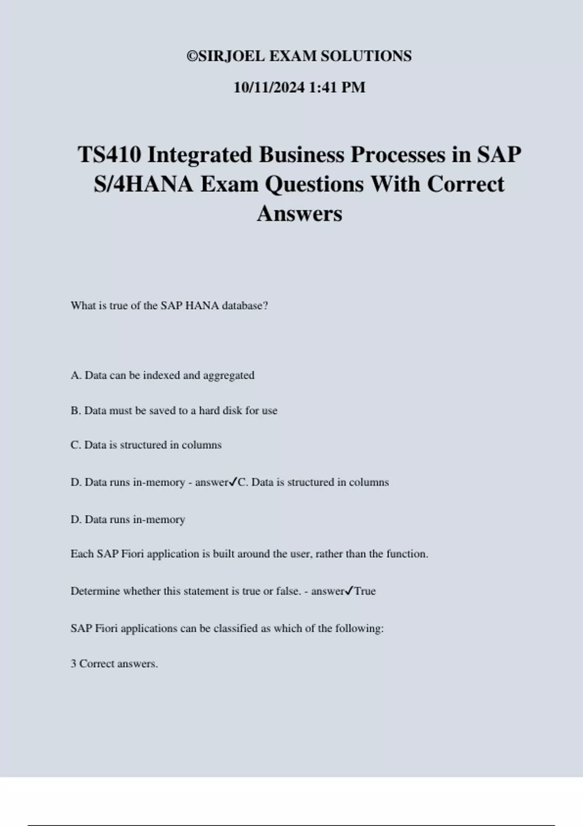 TS410 Integrated Business Processes in SAP S/4HANA Exam Questions With ...