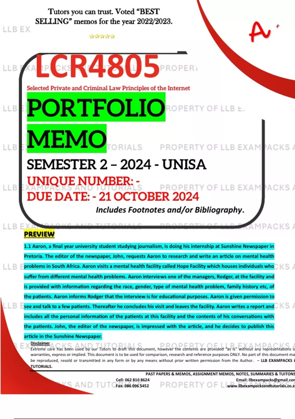 LCR4805 PORTFOLIO MEMO OCT./NOV. 2024 SEMESTER 2 UNISA DUE DATE