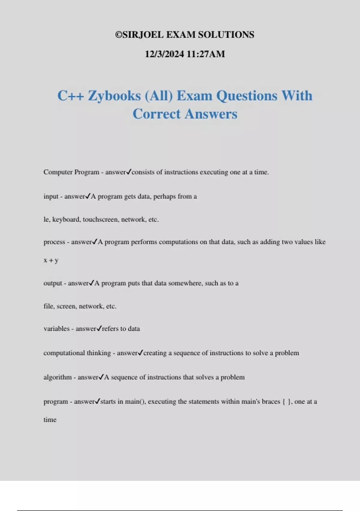 C++ Zybooks (All) Exam Questions With Correct Answers - Zybook - Stuvia US