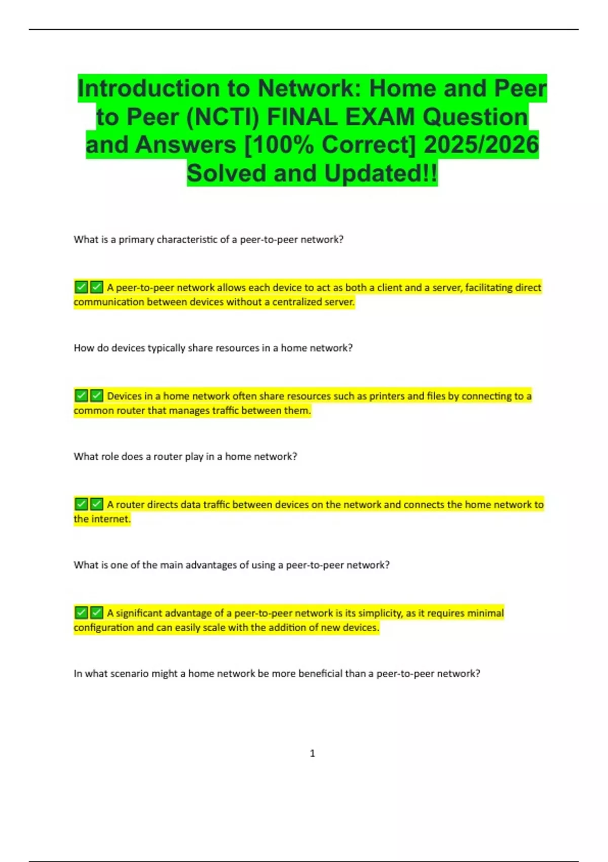 Introduction to Network Home and Peer to Peer (NCTI) FINAL EXAM