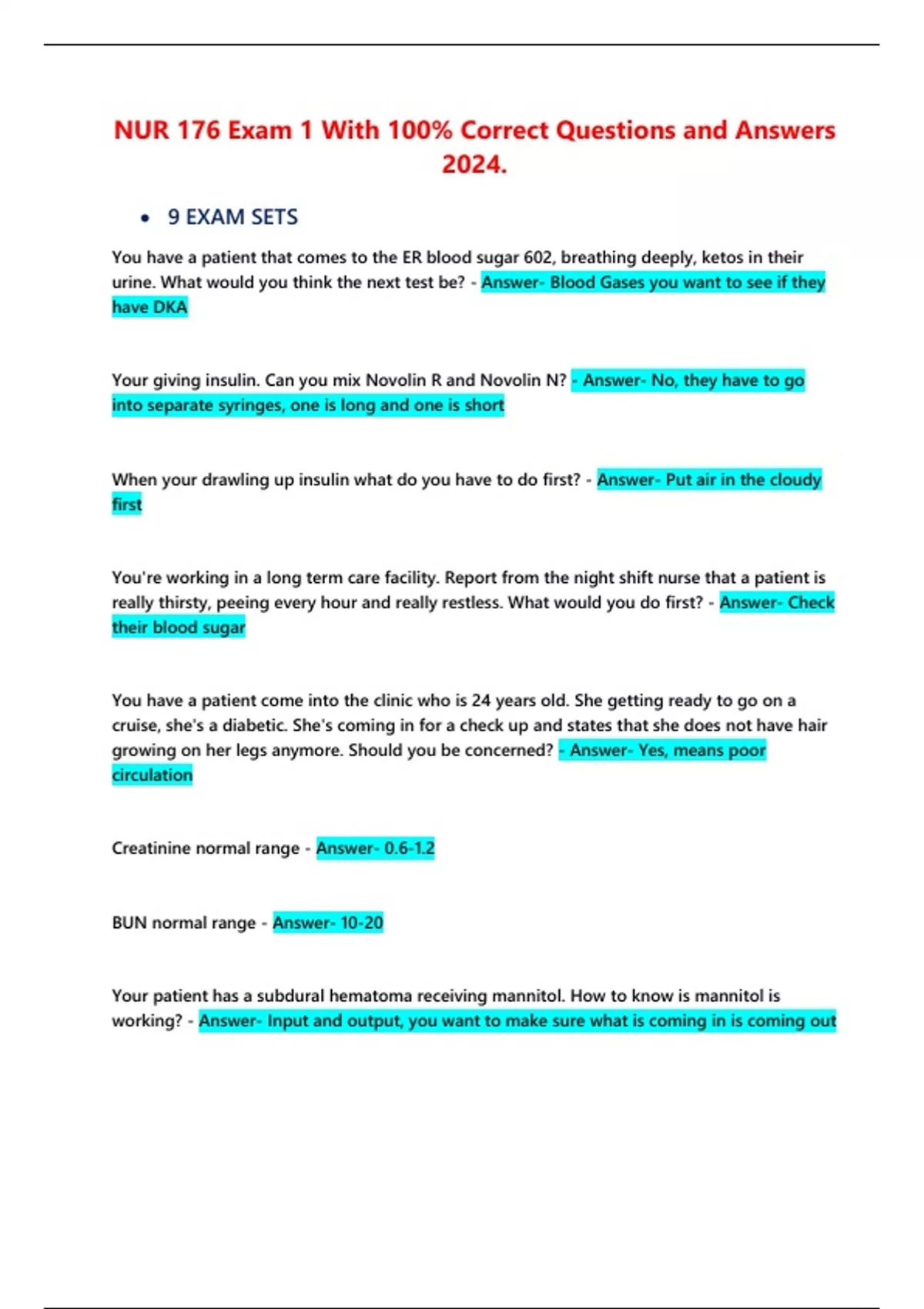 NUR 176 Exam 1 With 100% Correct Questions and Answers 2024. - NUR 176 ...