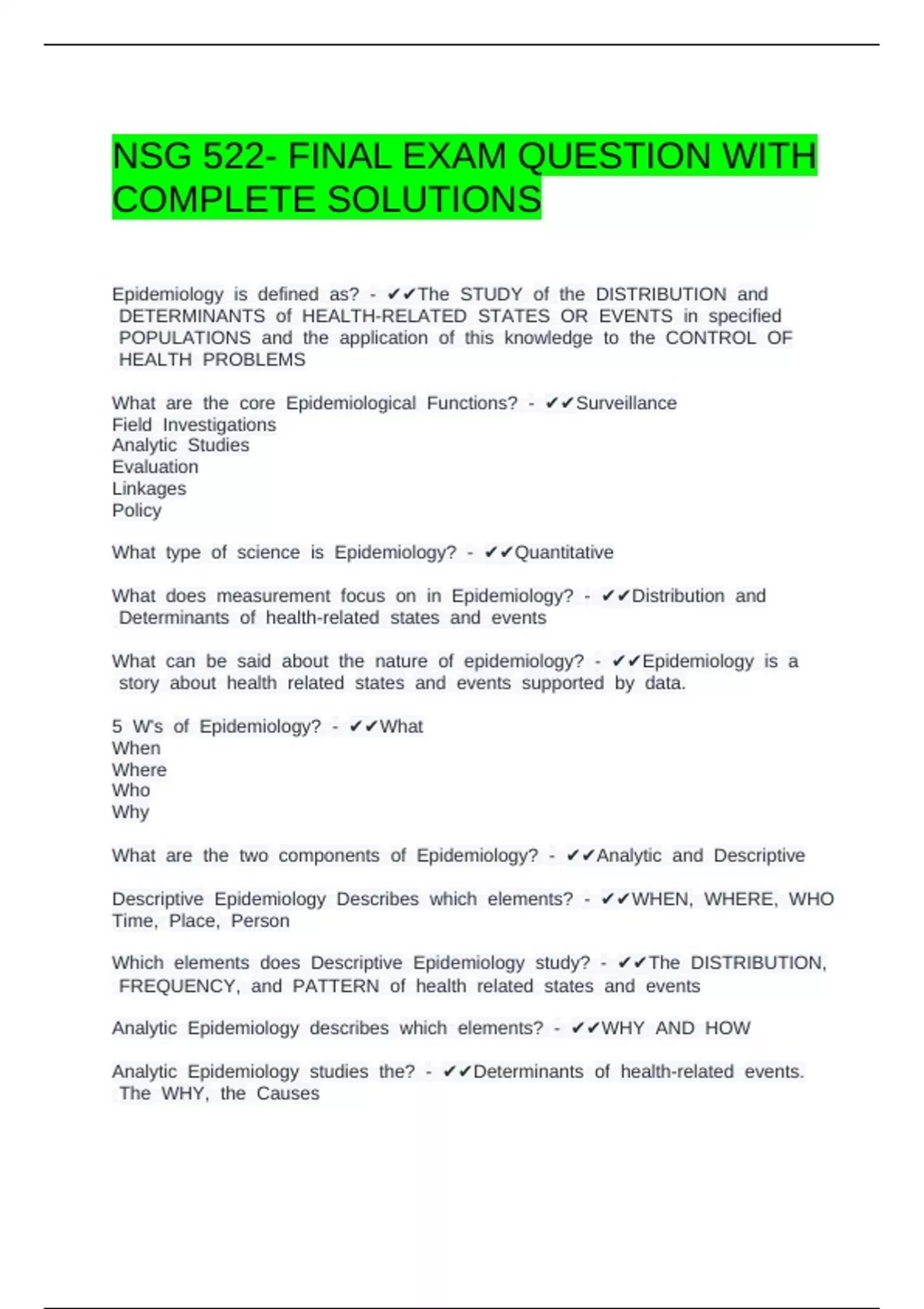 NSG 522- FINAL EXAM QUESTION WITH COMPLETE SOLUTIONS - NSG 2113 - Stuvia US