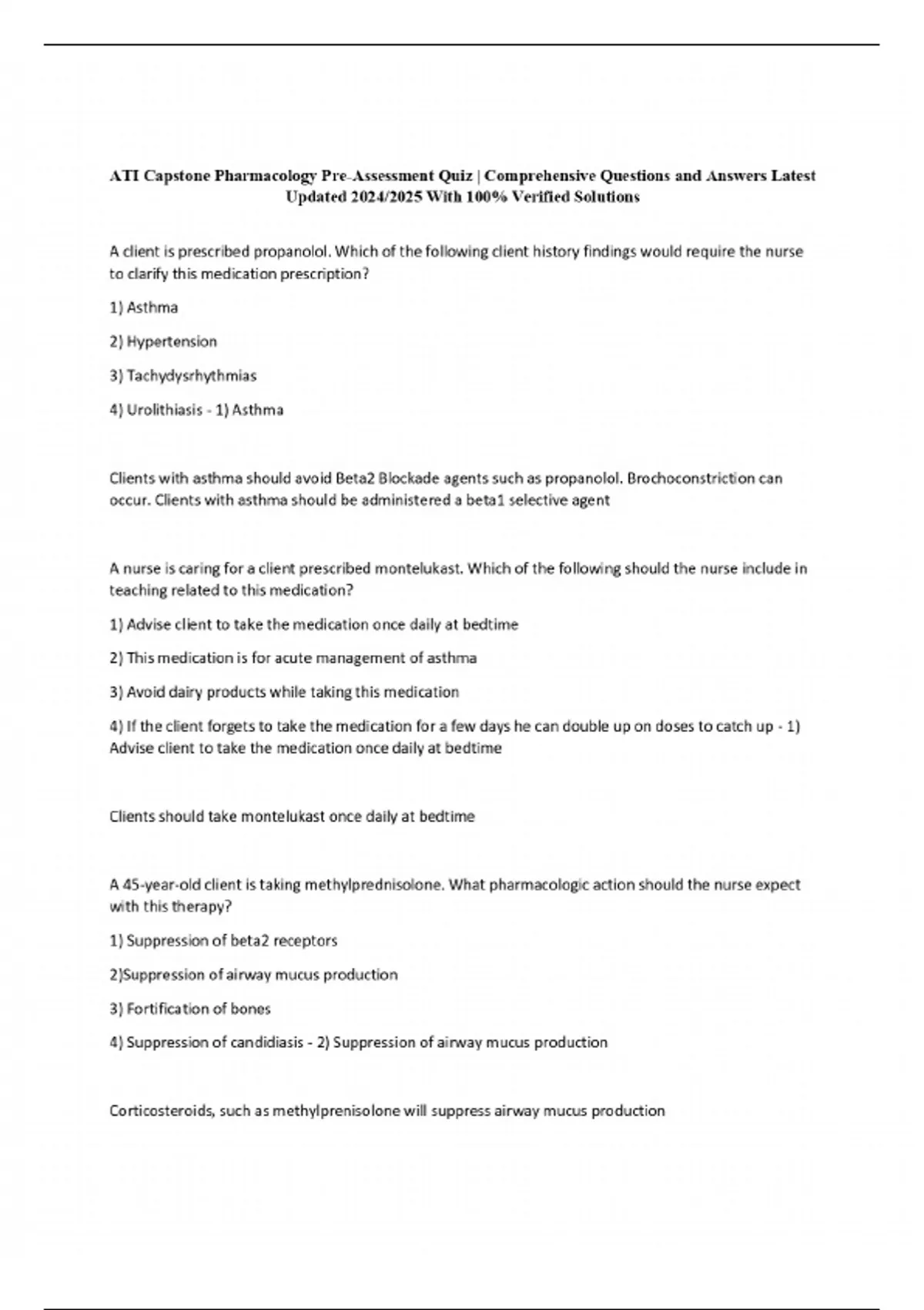 Ati capstone pharmacology pre assessment quiz comprehensive questions