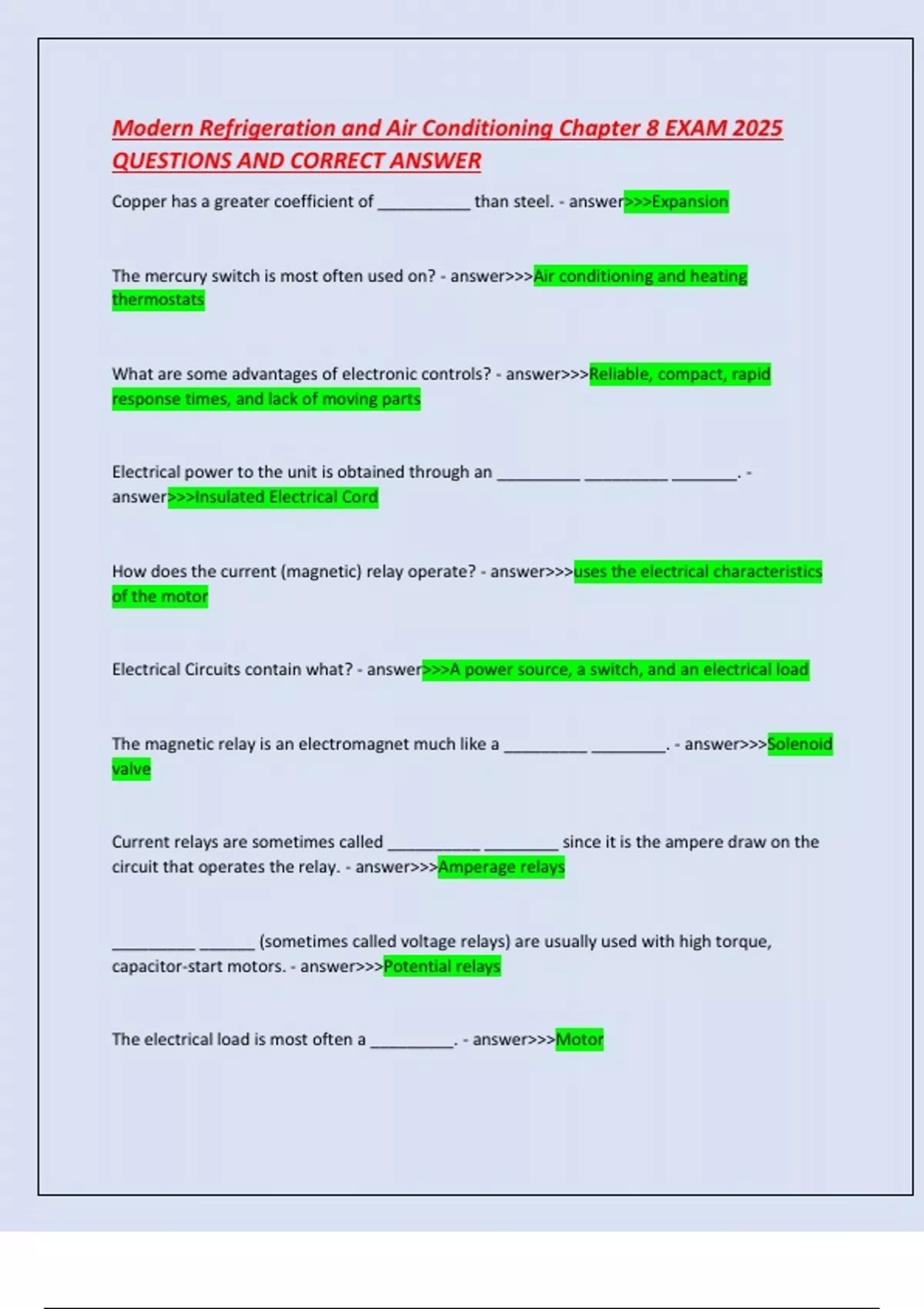 Modern Refrigeration and Air Conditioning Chapter 8 EXAM 2025 QUESTIONS