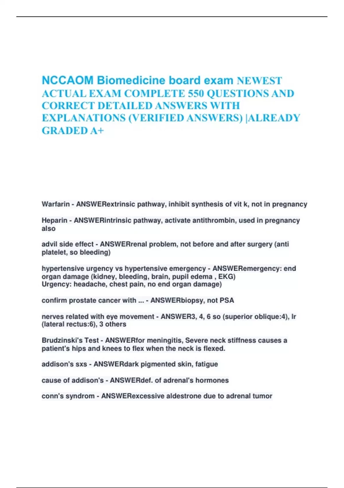 NCCAOM Biomedicine board exam NEWEST ACTUAL EXAM COMPLETE 550 QUESTIONS ...