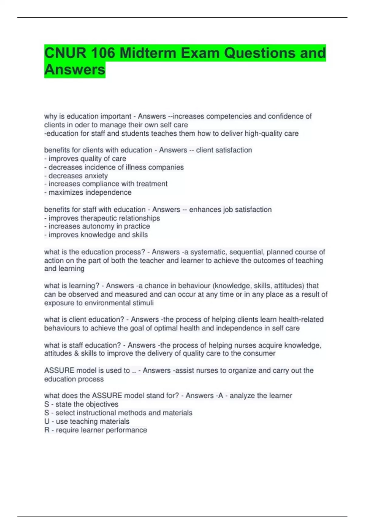 CNUR 106 Midterm Exam Questions and Answers - CNUR 106 - Stuvia US