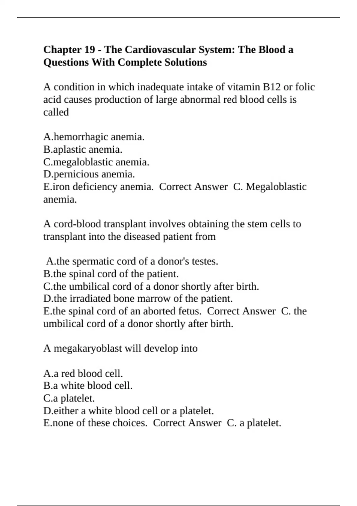 Chapter 19 - The Cardiovascular System: The Blood a Questions With ...