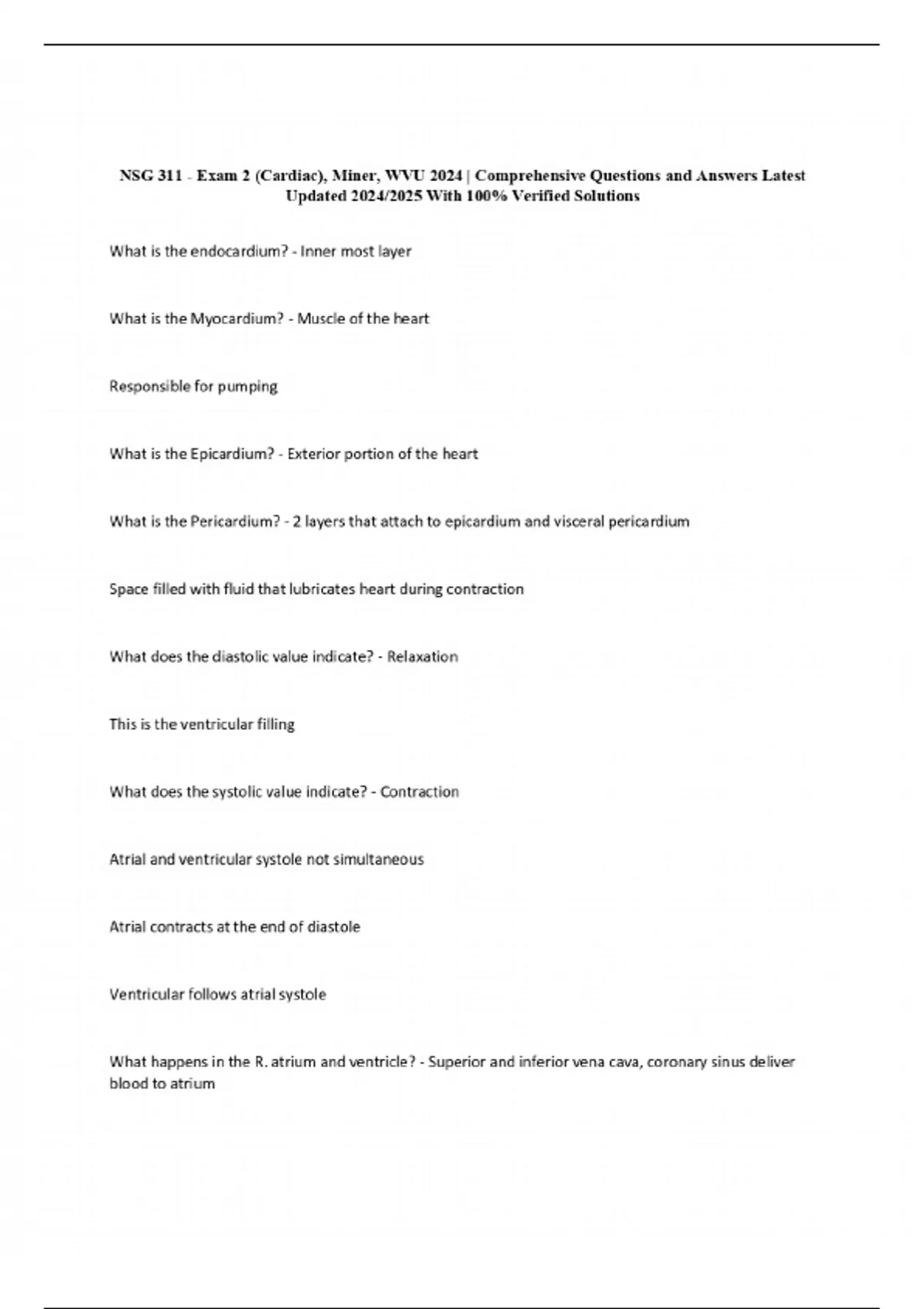 NSG 311 - Exam 2 (Cardiac), Miner, WVU 2024 | Comprehensive Questions ...