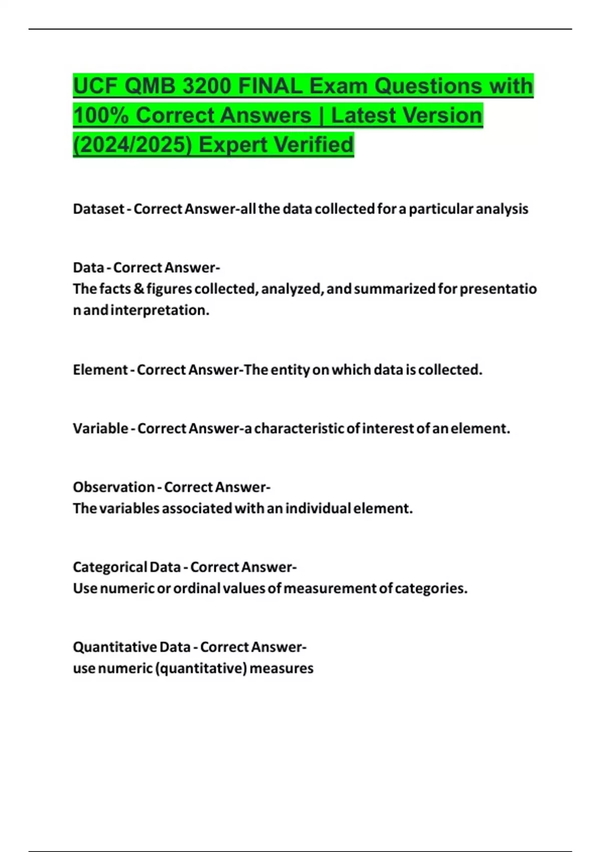 UCF QMB 3200 FINAL Exam Questions with 100% Correct Answers | Latest ...