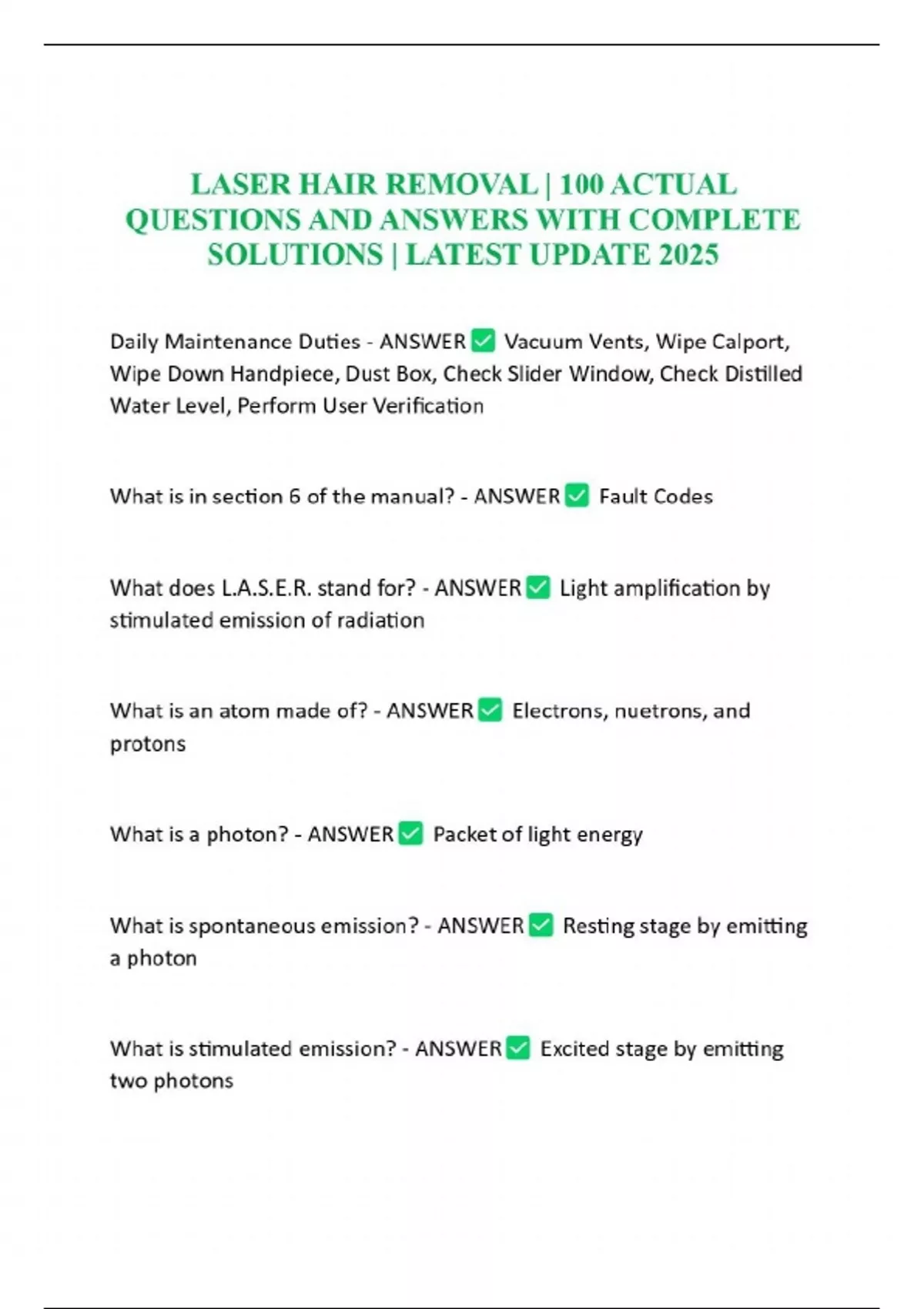 LASER HAIR REMOVAL | 100 ACTUAL QUESTIONS AND ANSWERS WITH COMPLETE ...