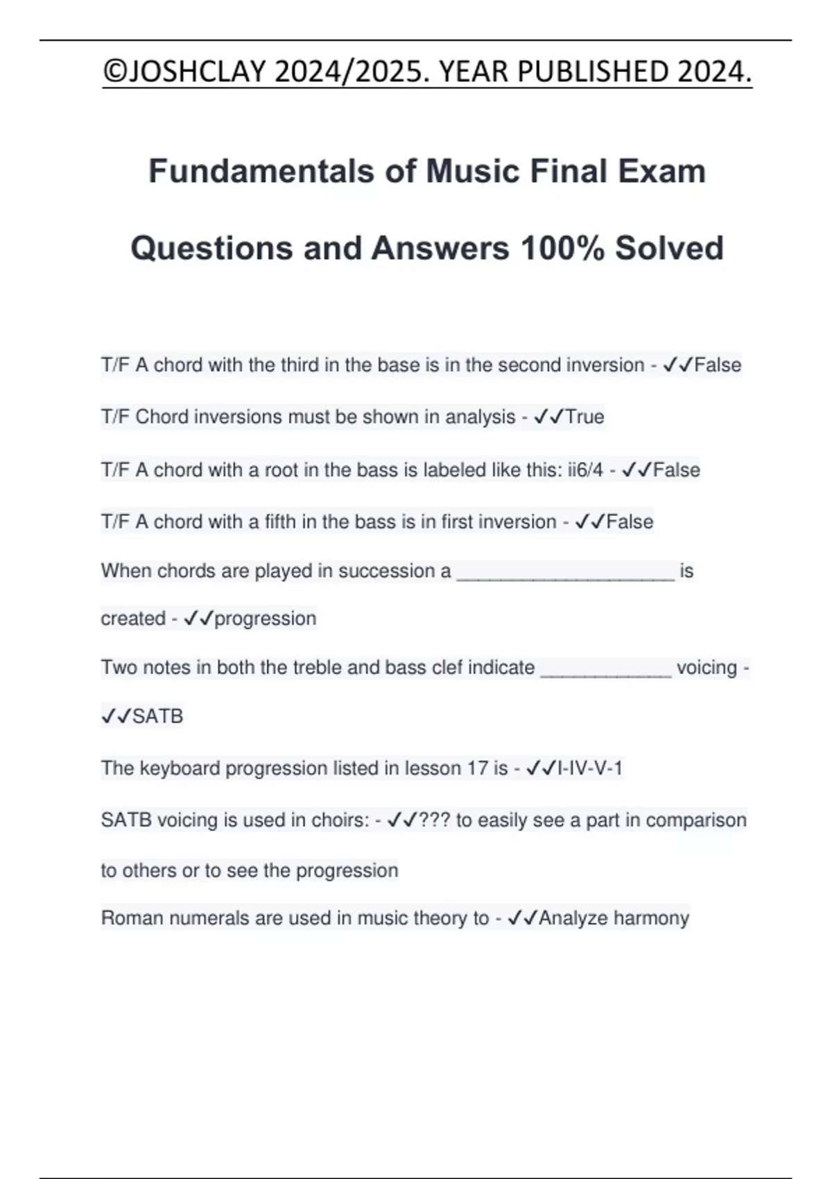 Fundamentals of Music Final Exam Questions and Answers 100% Solved - Fundamentals of Music ...