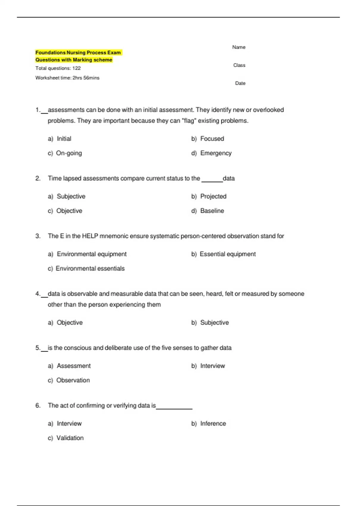 Foundations Nursing Process Exam Questions with Marking scheme ...