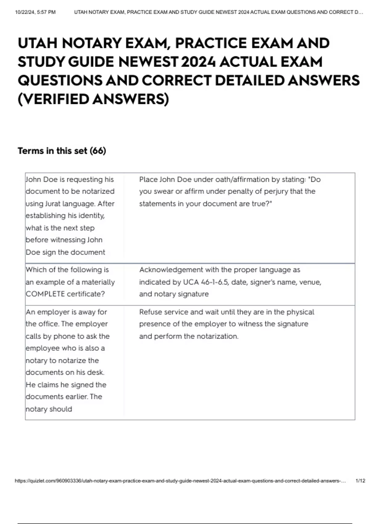 UTAH NOTARY EXAM, PRACTICE EXAM AND STUDY GUIDE NEWEST 2024 ACTUAL EXAM QUESTIONS AND CORRECT ...