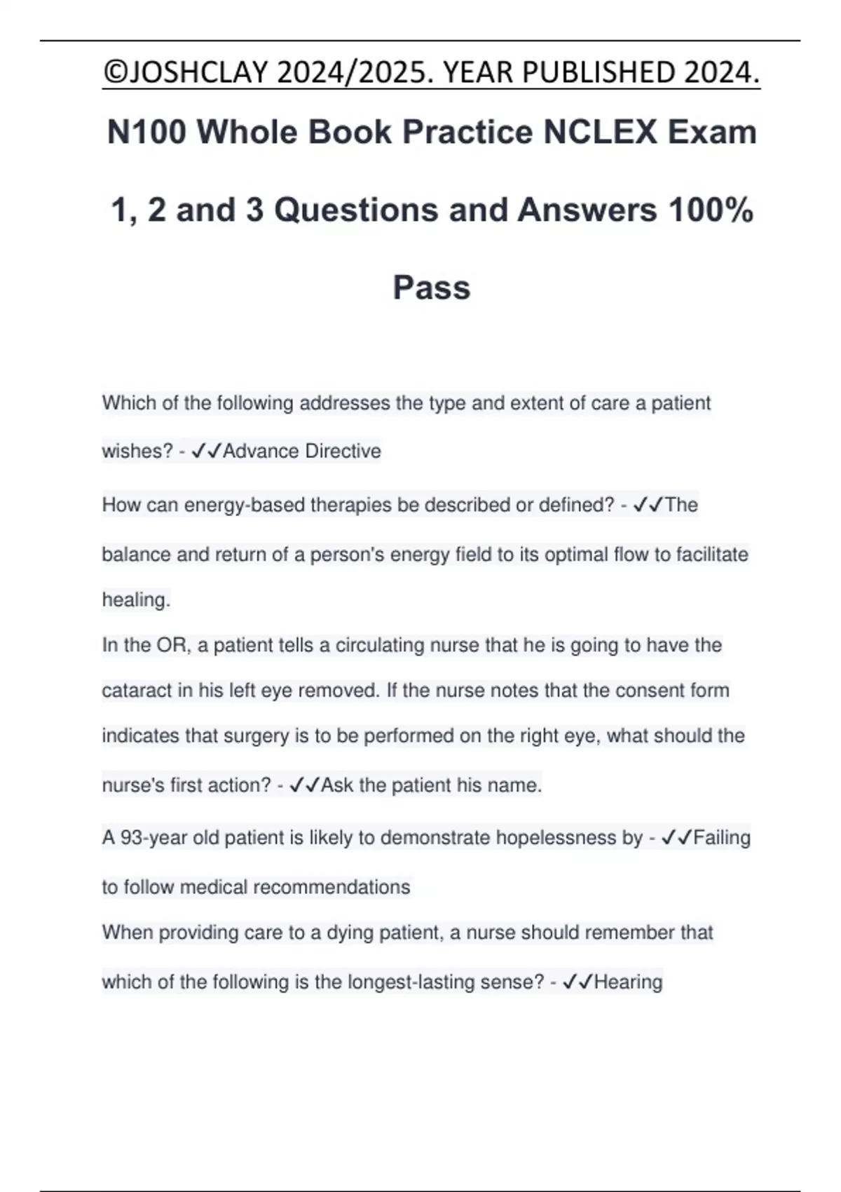 N100 Whole Book Practice NCLEX Exam 1, 2 and 3 Questions and Answers ...
