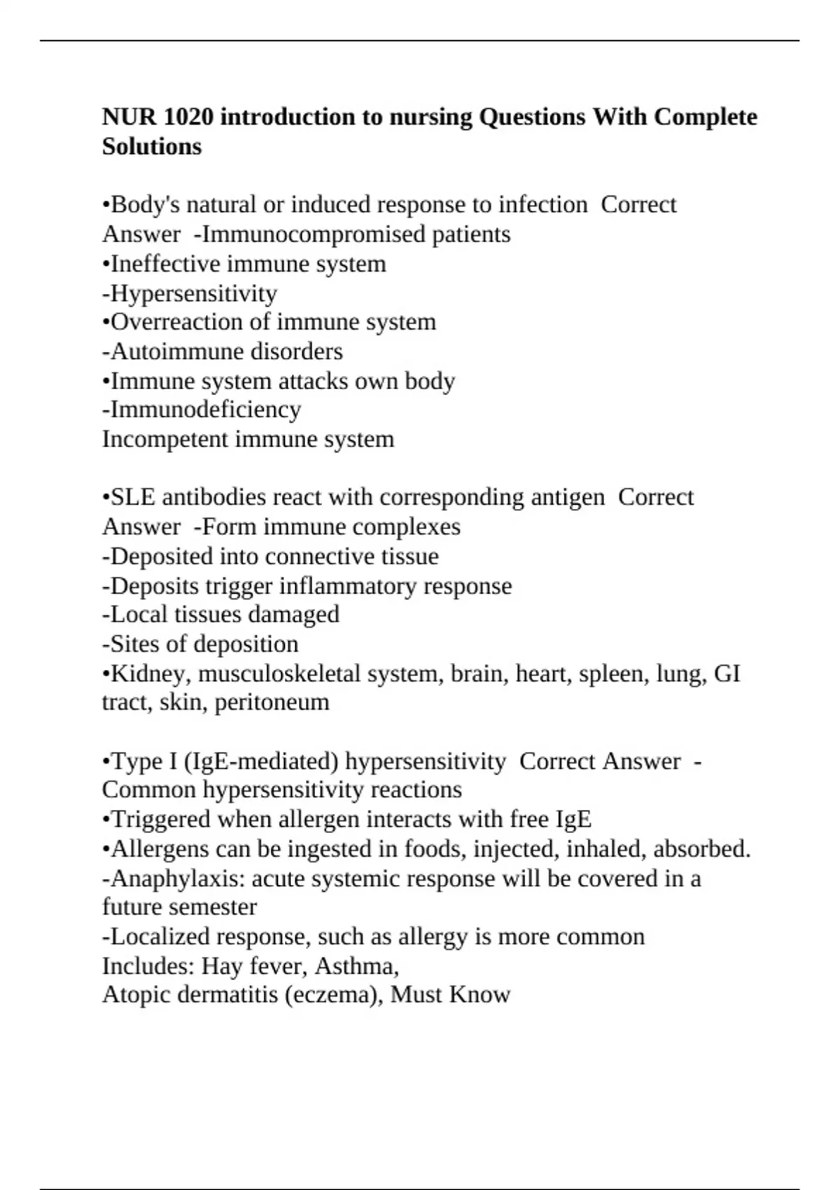NUR 1020 introduction to nursing Questions With Complete Solutions ...