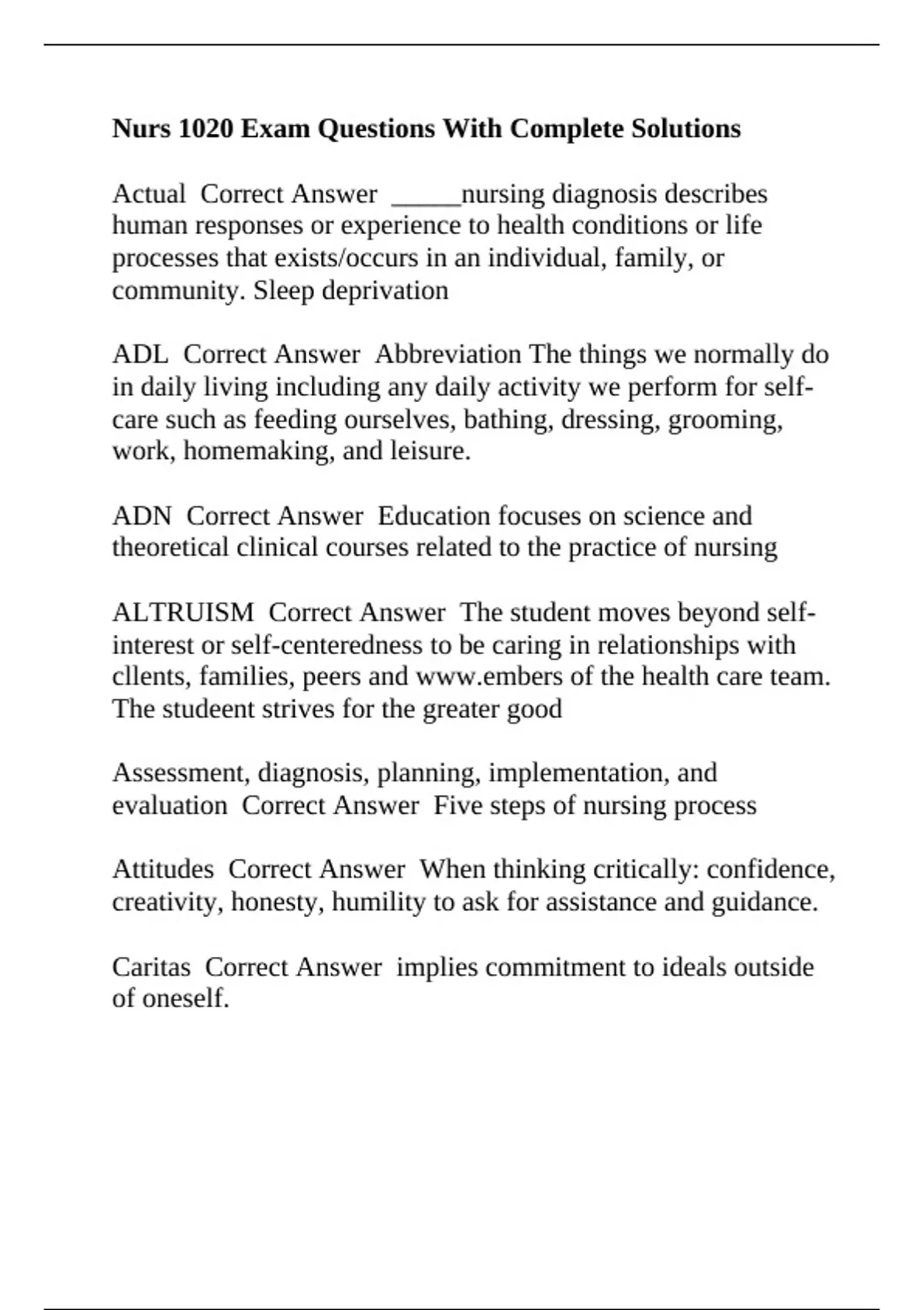 Nurs 1020 Exam Questions With Complete Solutions - Nurs 1020 - Stuvia US