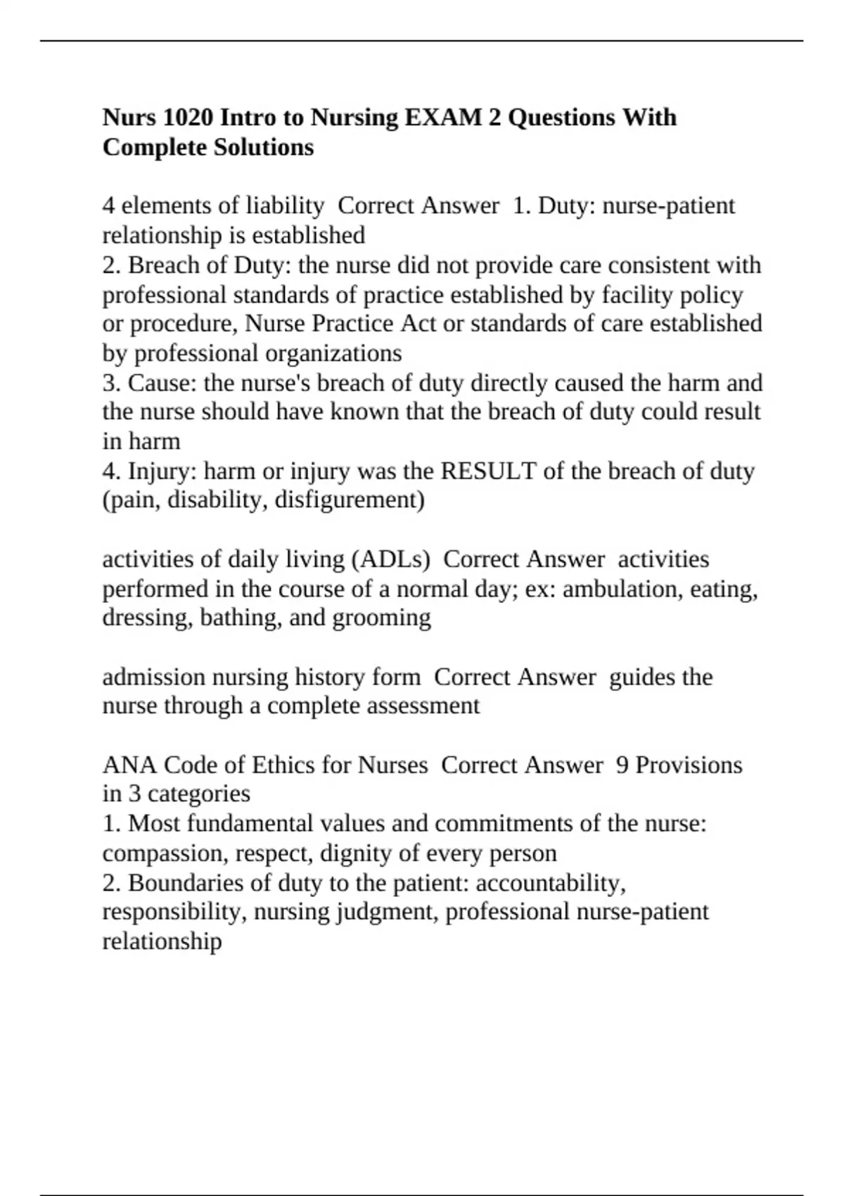 Nurs 1020 Intro to Nursing EXAM 2 Questions With Complete Solutions ...
