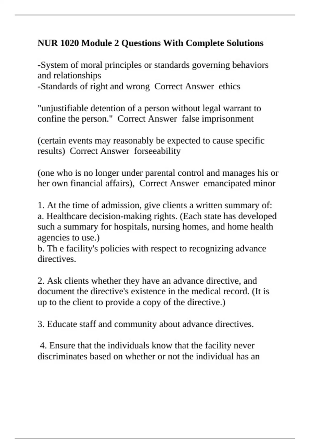 NUR 1020 Module 2 Questions With Complete Solutions - NUR 1020 - Stuvia US