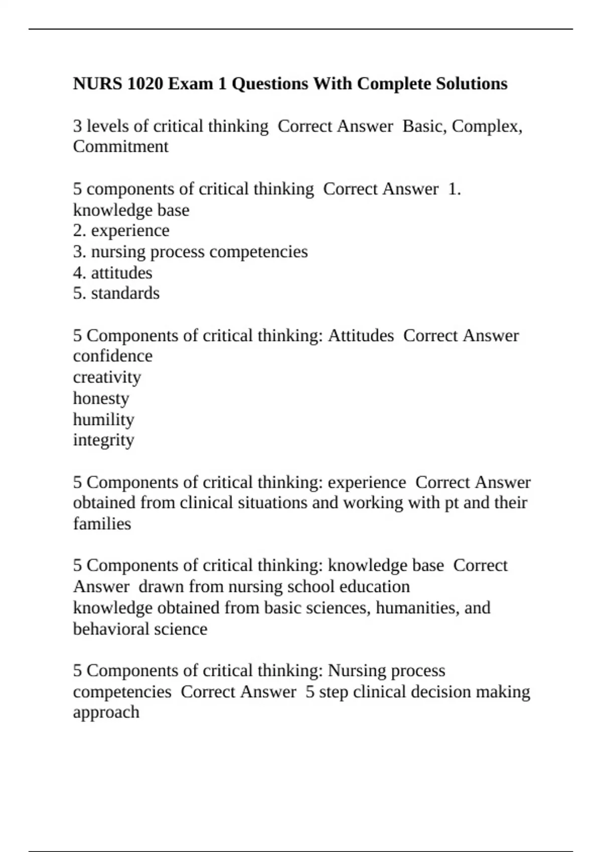 NURS 1020 Exam 1 Questions With Complete Solutions - NURS 1020 - Stuvia US