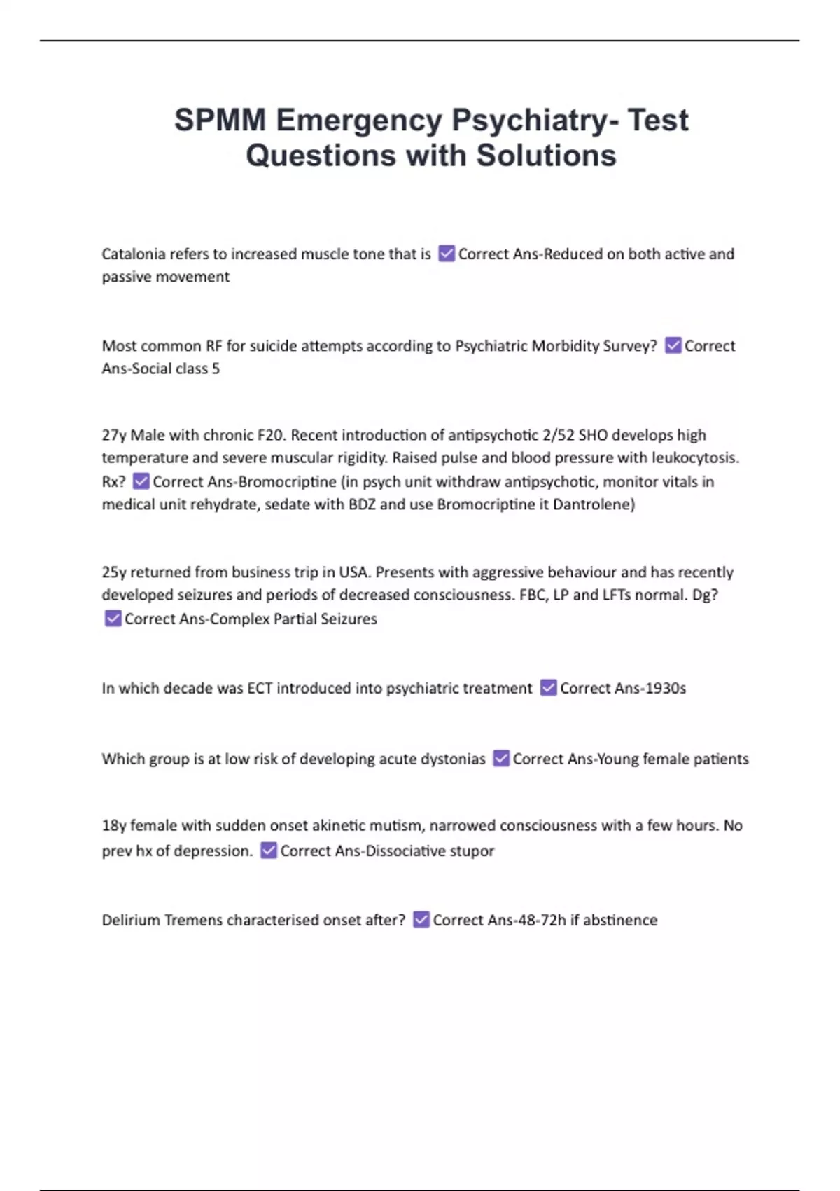 SPMM Emergency Psychiatry Test Questions With Solutions SPMM Stuvia US SPMM Emergency Psychiatry Test Questions With Solutions SPMM Stuvia US