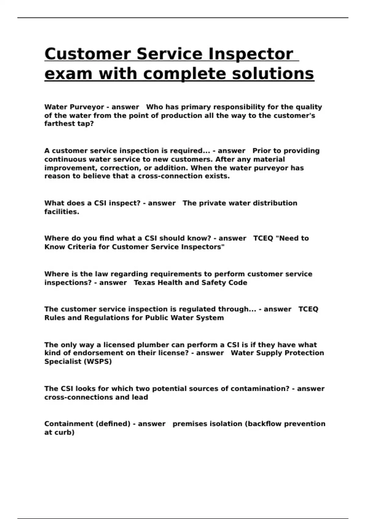 Customer Service Inspector exam with complete solutions - TCEQ - Stuvia US