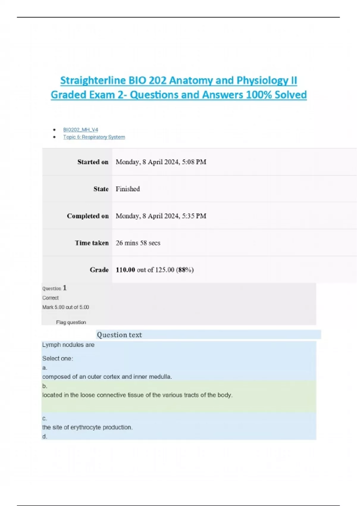 Straighterline BIO 202 Anatomy and Physiology II Graded Exam 2 ...