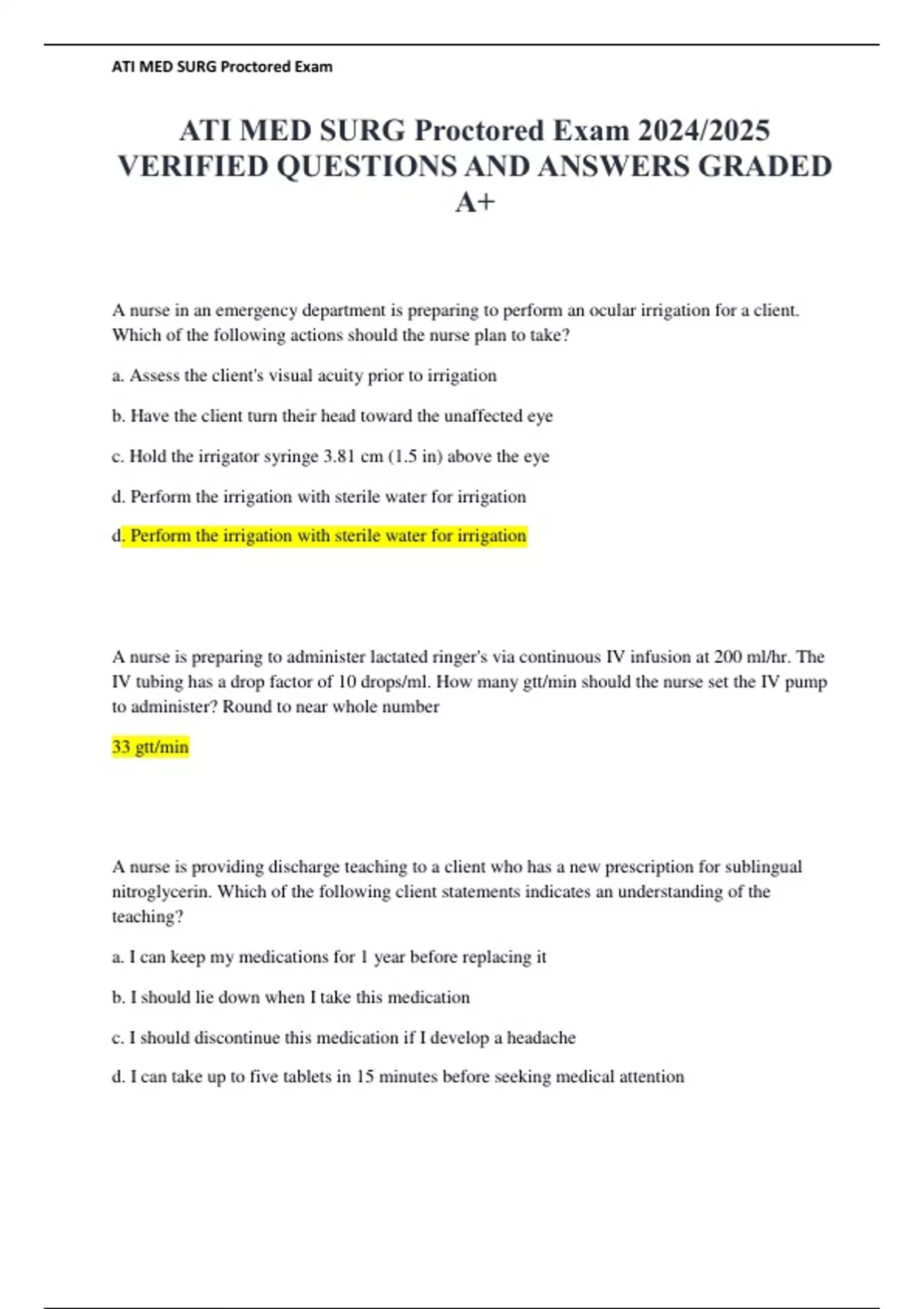 ATI MED SURG Proctored Exam 2024/2025 VERIFIED QUESTIONS AND ANSWERS ...