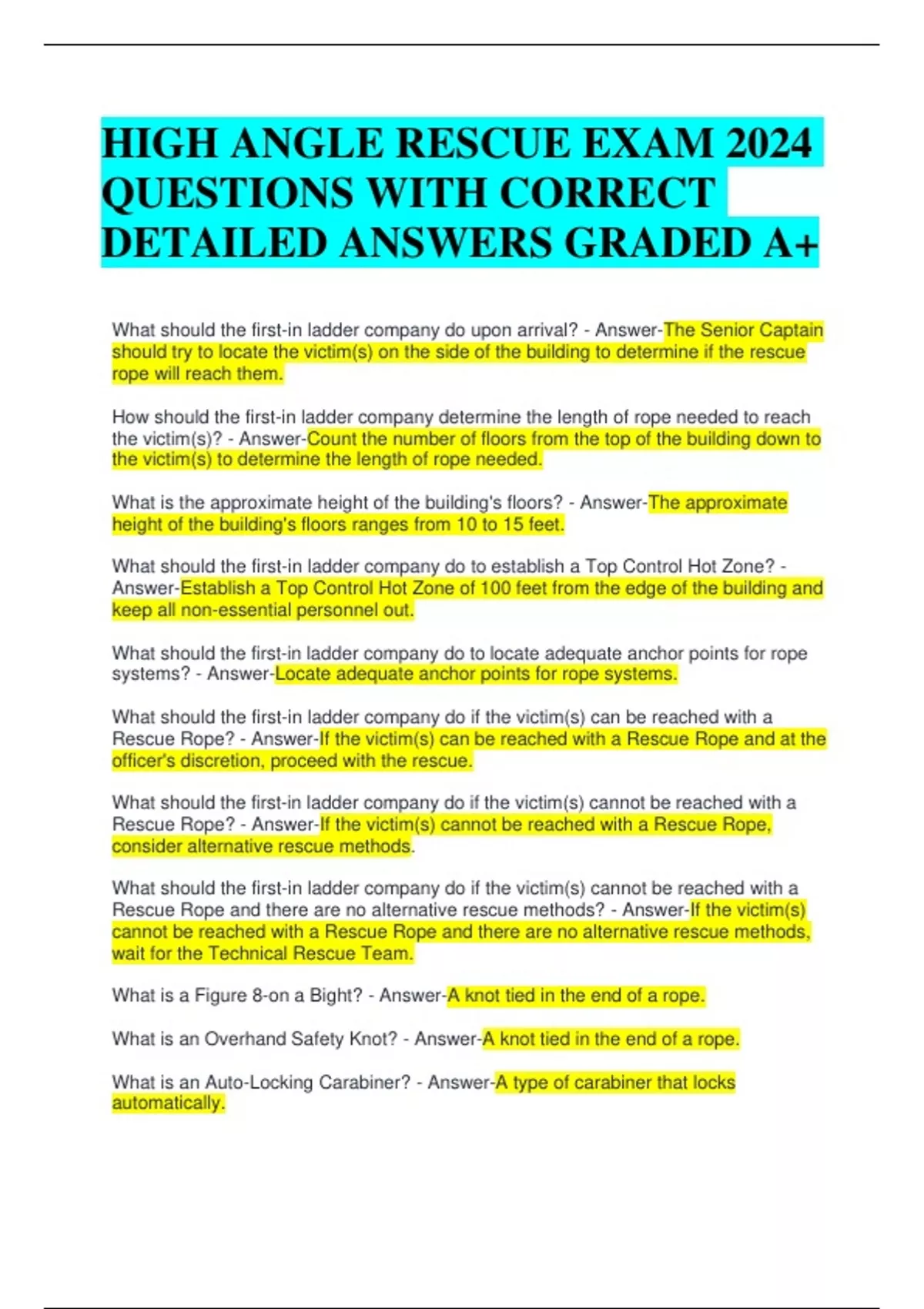 HIGH ANGLE RESCUE EXAM 2024 QUESTIONS WITH CORRECT DETAILED ANSWERS ...
