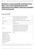 GEORGIA CLAIMS ADJUSTER LICENSING EXAM 2024 &sol; GA CLAIMS ADJUSTER EXAM 250 QUESTIONS AND CORRECT DETAILED ANSWERS WITH RATIONALES