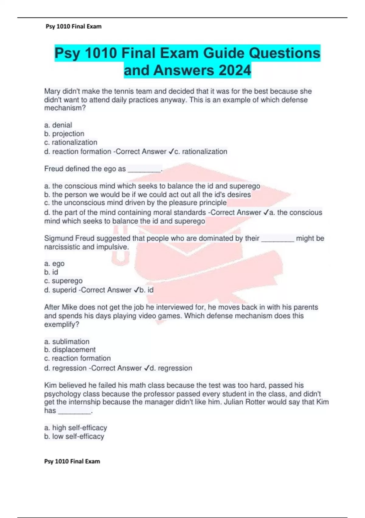 Psy 1010 Final Exam Guide Questions and Answers 2024 - Psy 1010 - Stuvia US